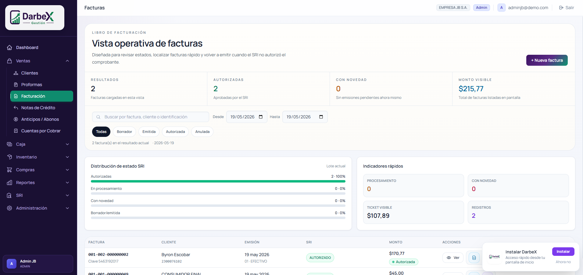 Gestión de inventario DarbeX